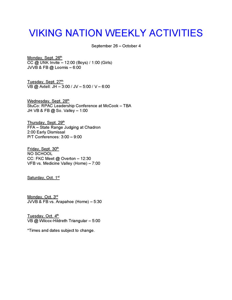 weekly schedule of events